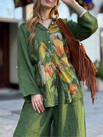 Two-piece Set Featuring A Loose, Casual Printed Linen-cotton Shirt And Solid-colored Trousers.