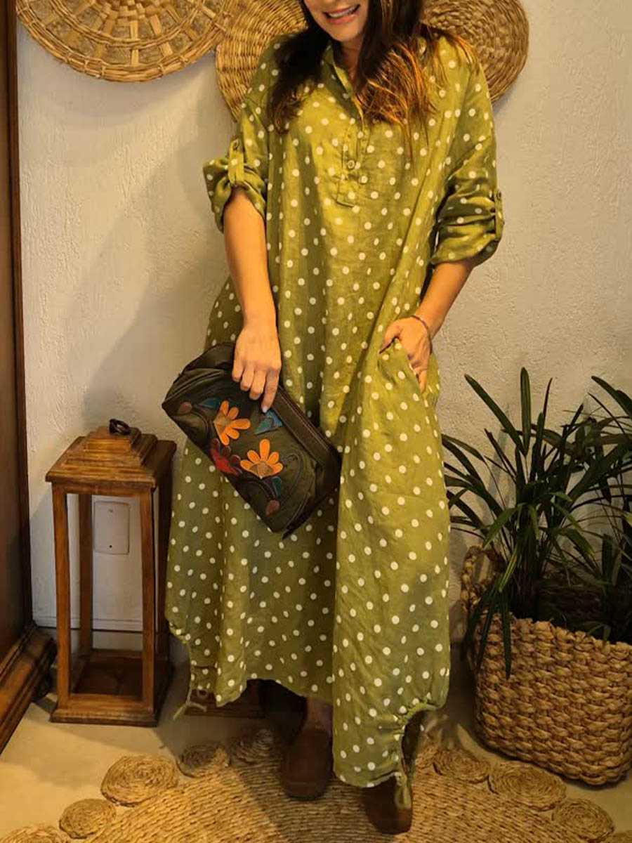 Women's Polka-dot Print Long-sleeve Casual Loose Cotton-linen Hoodie Dress