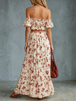 Women's Printed Off-white Short-sleeve Mesh Top With Tie Waist And Long Skirt Set
