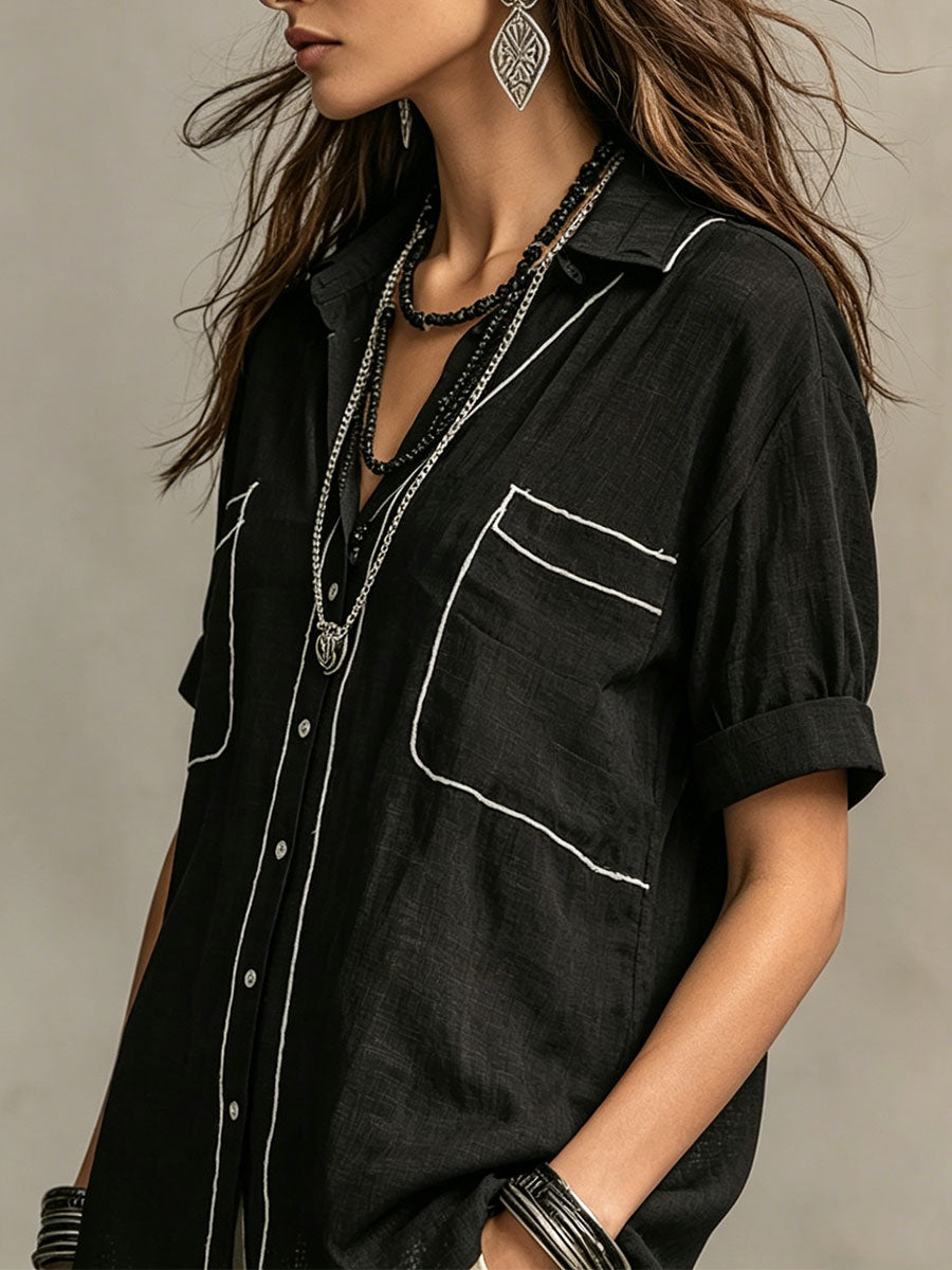 Women's Topstitched Lapel Short-sleeve Loose-fit Shirt