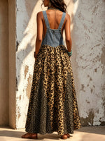 Women's Denim Patchwork Chiffon Leopard Print Suspender Maxi Dress