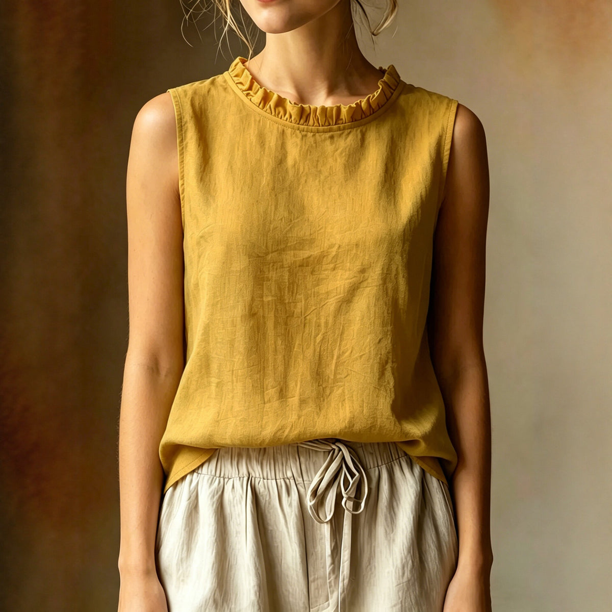 Women's Loose-fit Sleeveless Shirt With Ruffled Crew Neck