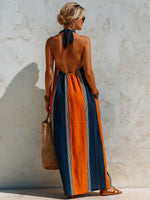 Color-blocked Vertical Stripe Halter Neck Loose Swing Dress