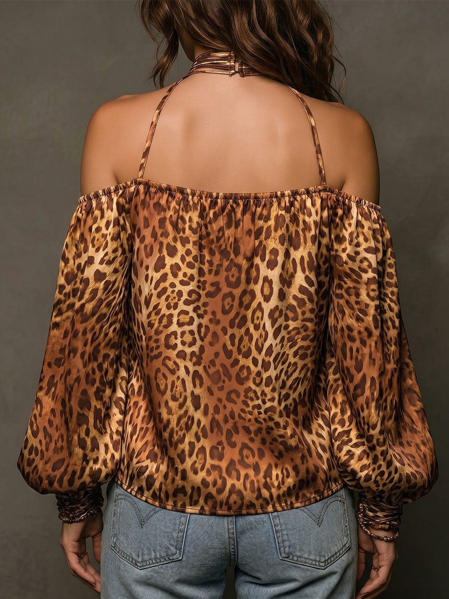 Women's Off-shoulder Long-sleeve Leopard Print Satin Shirt
