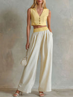 Women's Retro Yellow Sleeveless Vest And Off-white Wide-leg Trousers Set