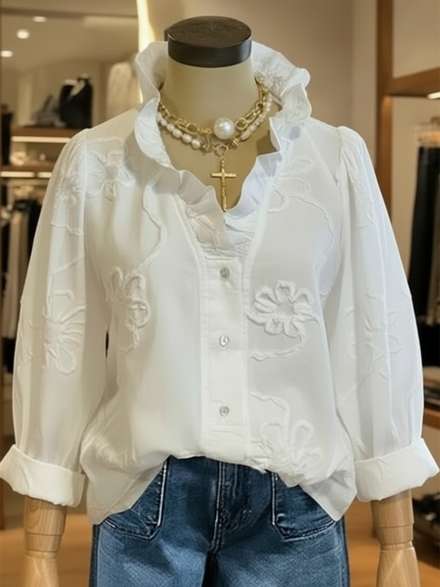 Camicia in cotone casual e romantica con colletto a volant
