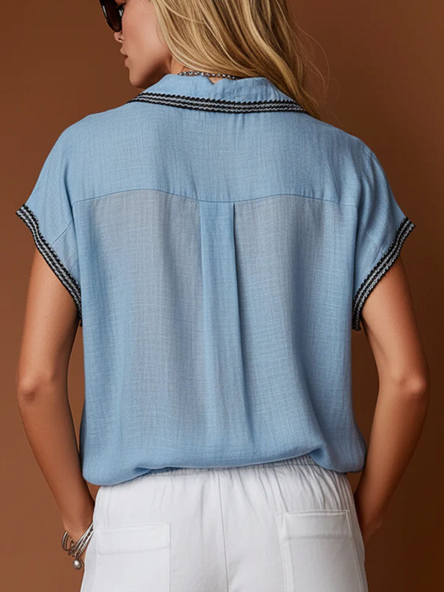 Women's V-neck Short-sleeve Casual Loose Cotton-linen Top