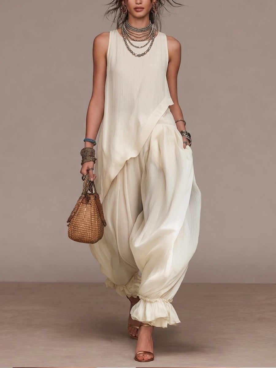 Women's Irregular Cut Sleeveless Top With Leopard Lantern Pants Set
