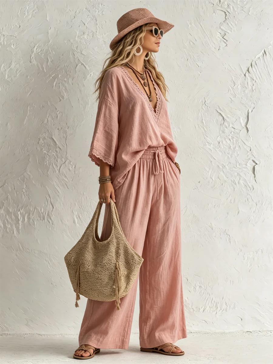 Boho Lace Trim V-neck Top With Wide-leg Pants Two-piece Set