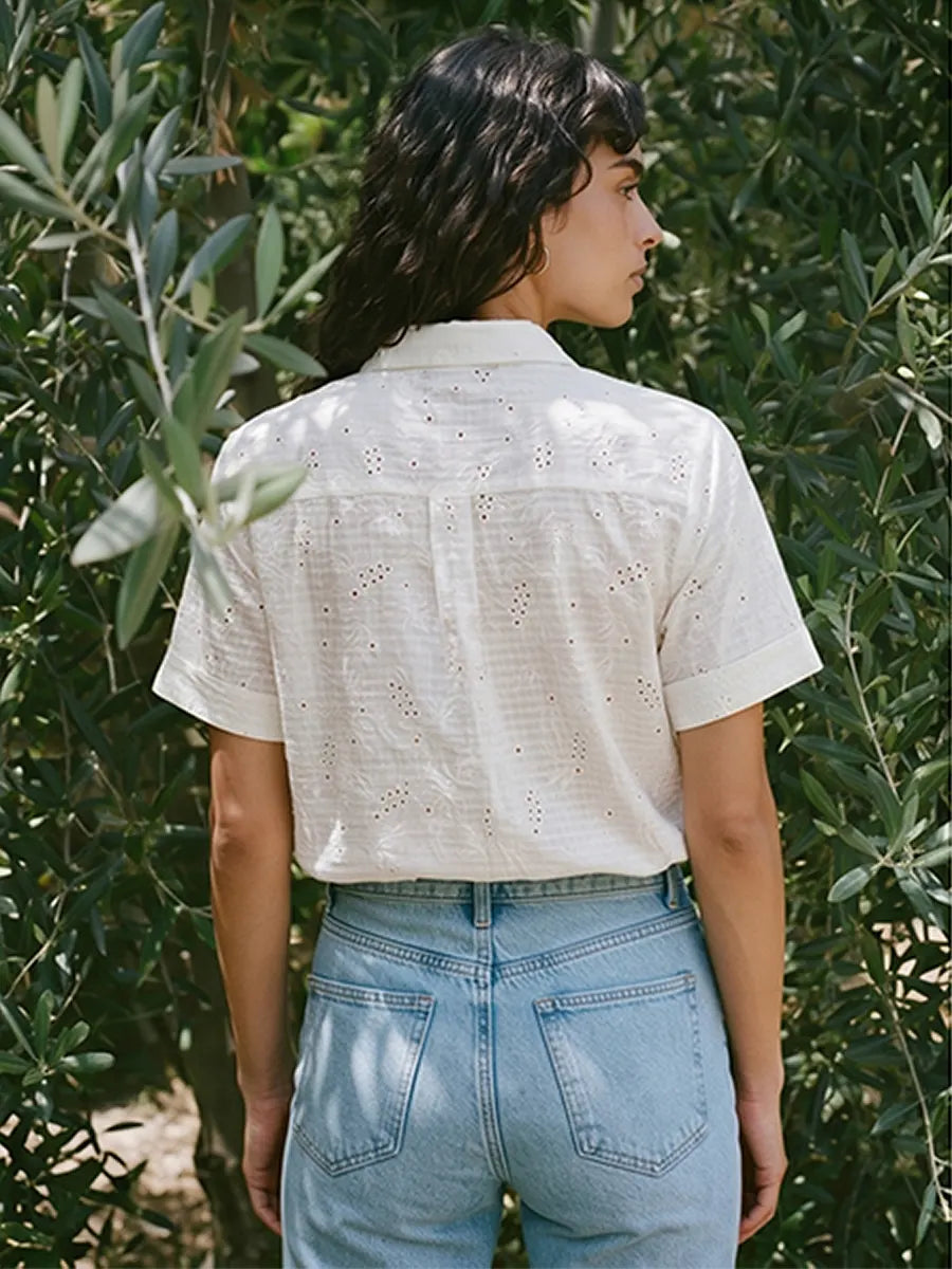 Women White Floral Cuffed Short Sleeve Loose Casual Shirt