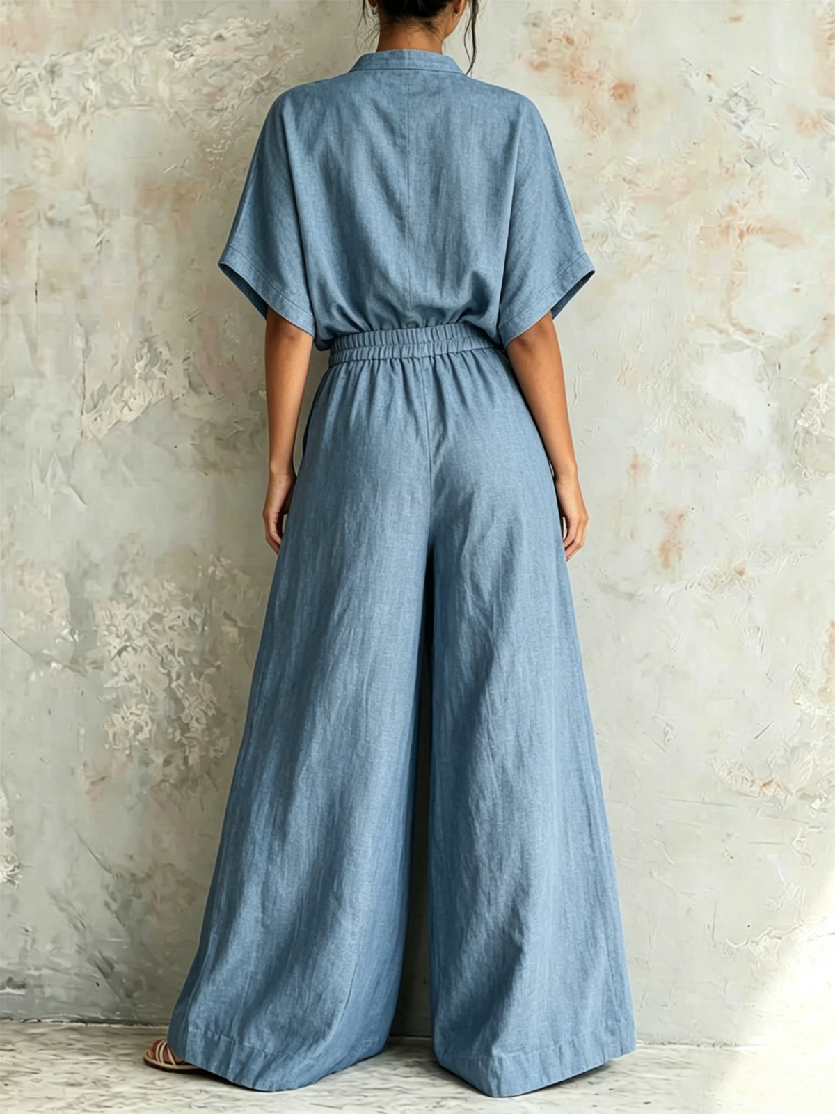 Two-piece Set: Short-sleeve Cotton-linen Top With A Small Stand Collar And Batwing Sleeves + High-waisted Wide-leg Pants With An Elastic Waistband.