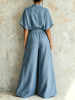 Two-piece Set: Short-sleeve Cotton-linen Top With A Small Stand Collar And Batwing Sleeves + High-waisted Wide-leg Pants With An Elastic Waistband.