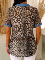 Women's Leopard Print Stand-collar Short-sleeve Casual Loose Denim Cardigan With Chiffon Paneling