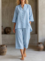 Women's Solid-color Cotton-linen Set: V-neck 3/4-sleeve Loose-fit Top & High-waisted Wide-leg Pants