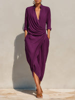 Women's Solid-color V-neck Long-sleeve Casual Loose Cotton-linen Dress