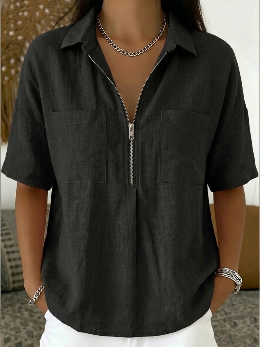 Camicia casual in lino e cotone con mezza zip