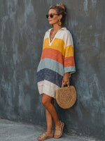 Cozy Colorful Striped Polo Collar Cotton-linen Mini Dress