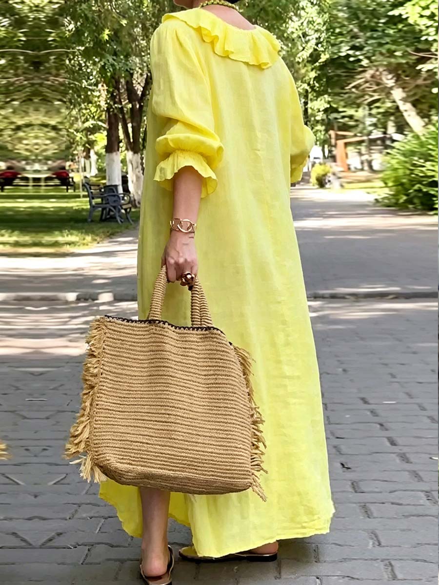 Women's Solid Color Ruffled V-neck Long-sleeve Casual Loose Cotton-linen Dress