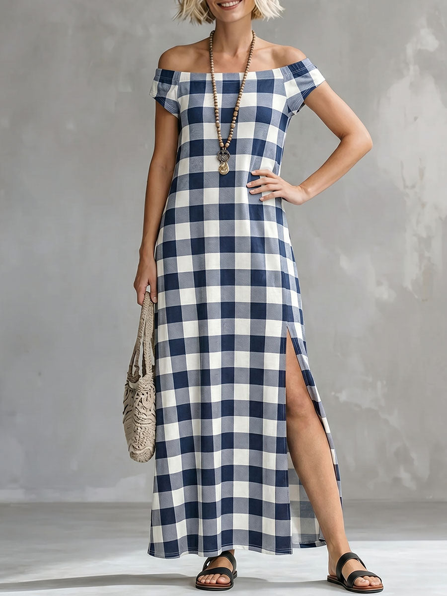 Women's Classic Plaid Off-shoulder Sleeveless Dress