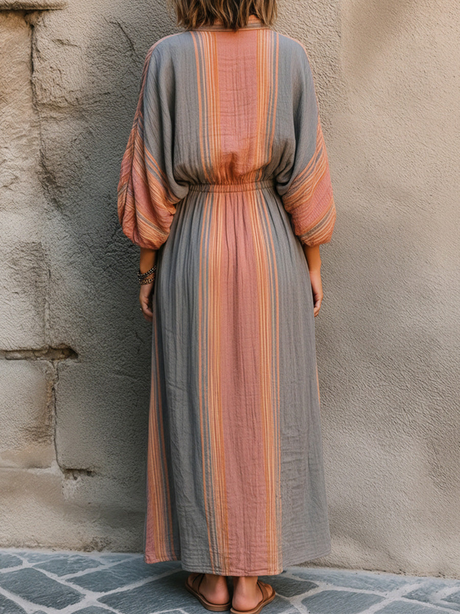 Striped Collared Waisted Maxi Shirt Dress