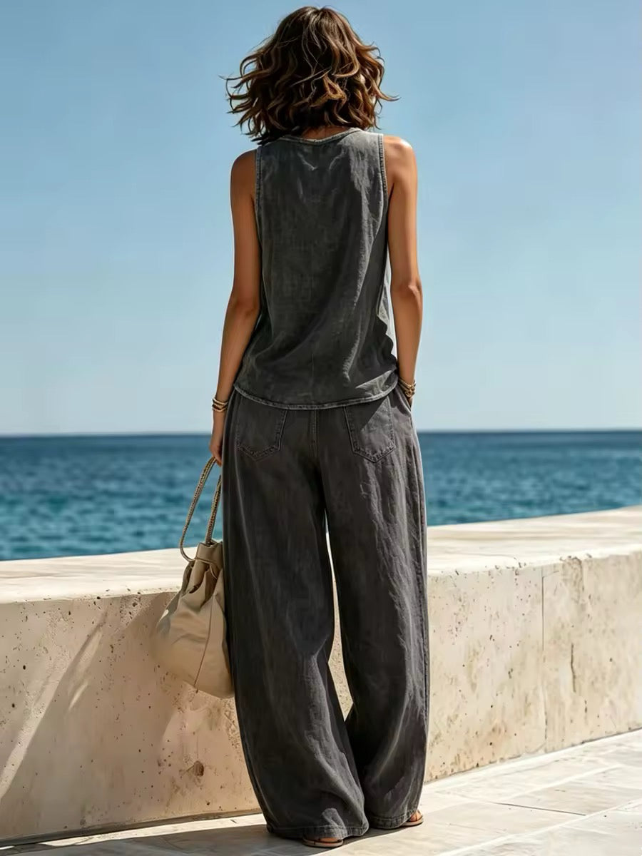 Cowl-neck Sleeveless Top + Wide-leg Trousers Set
