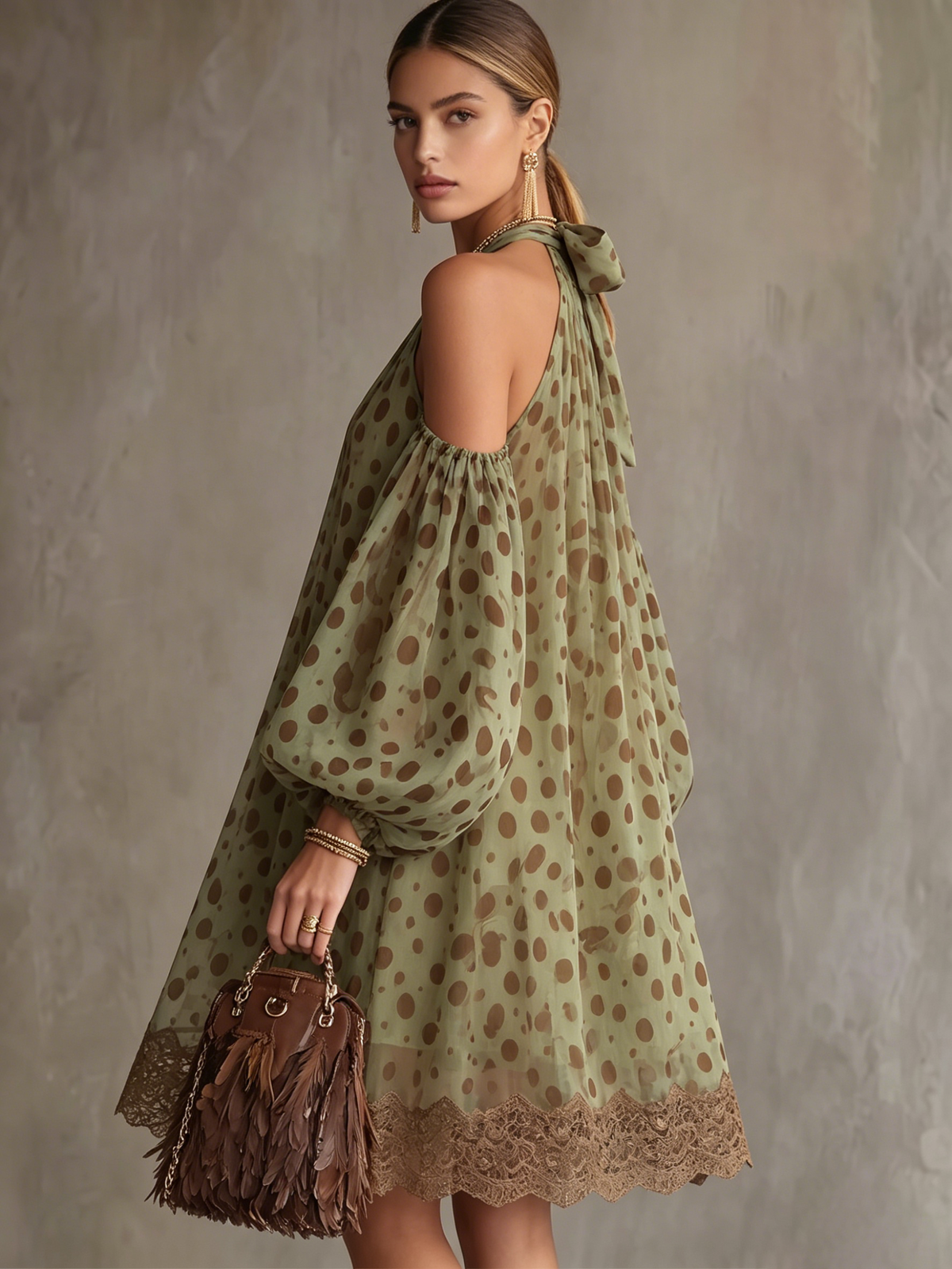 Boho Off-shoulder Halter Polka Dot Print Dress