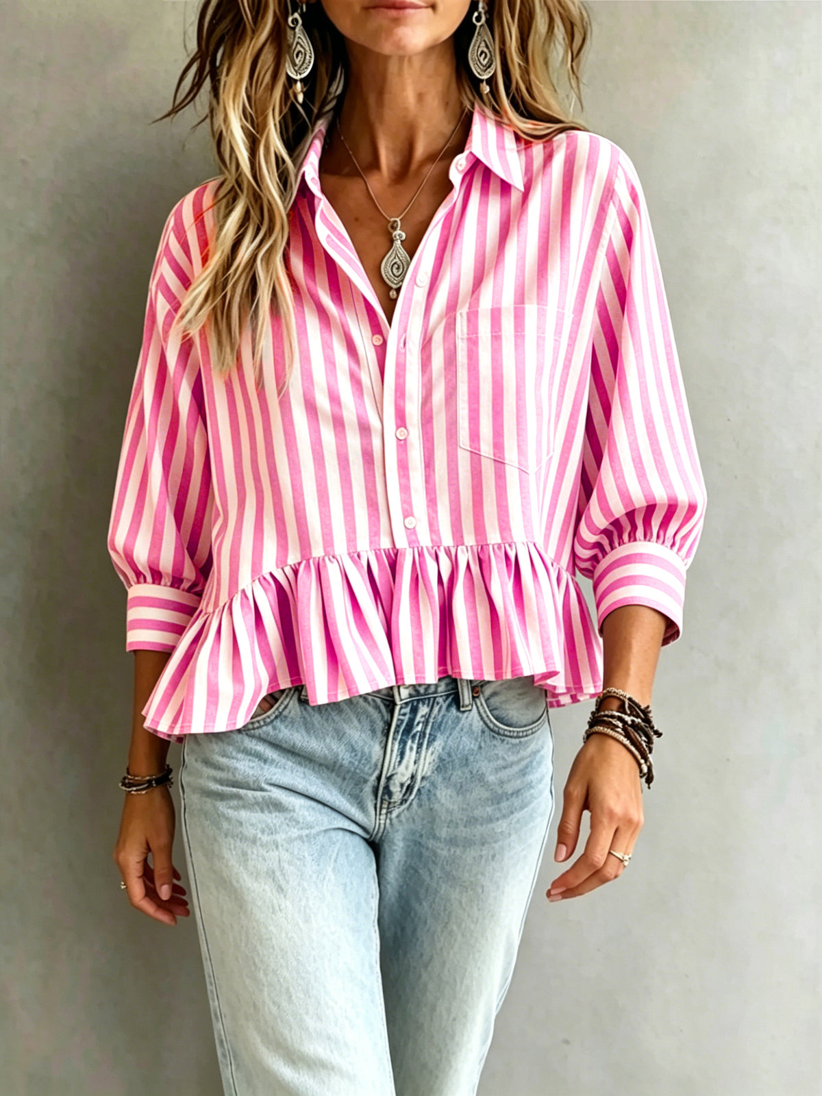 Women's Striped Ruffled Cropped 3/4-sleeve Shirt