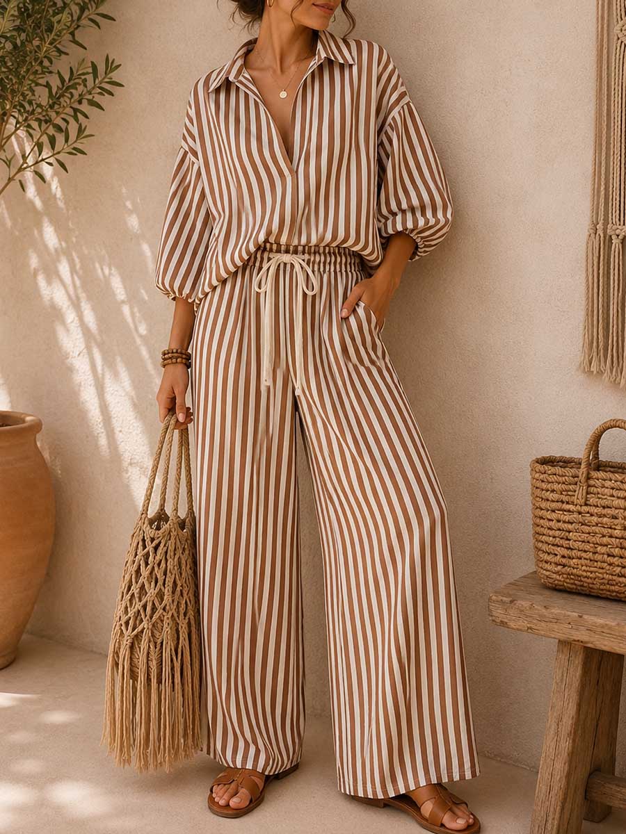 Women's Striped Print Cotton-linen Set: Loose-fit Top With Lapel & 3/4 Sleeves, And High-waisted Wide-leg Pants