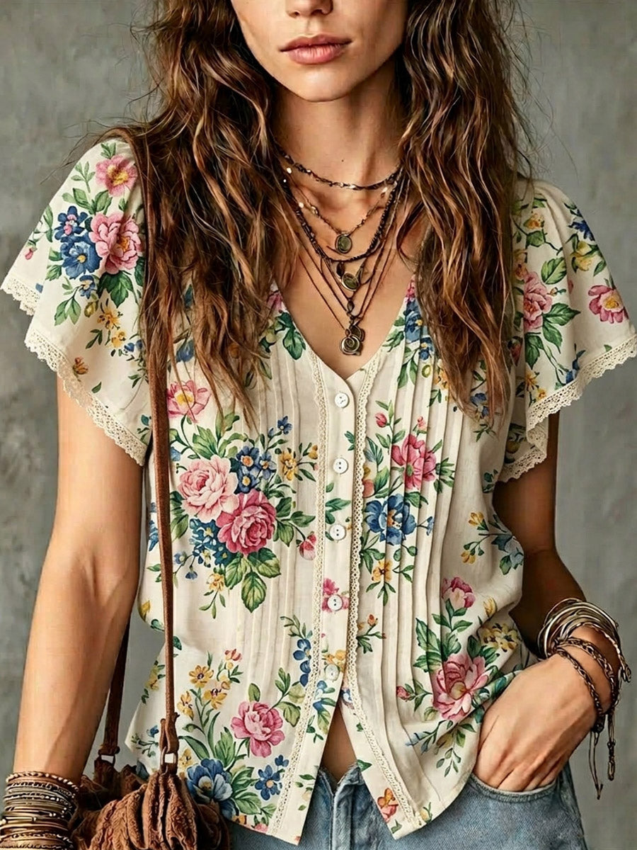 Women's Floral Art Print Casual Cotton Linen Shirt
