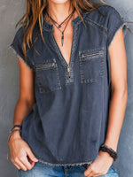 Women's Retro Zip Stylish Pockets Art Casual Denim Shirt