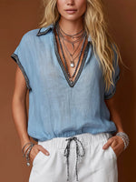 Women's V-neck Short-sleeve Casual Loose Cotton-linen Top