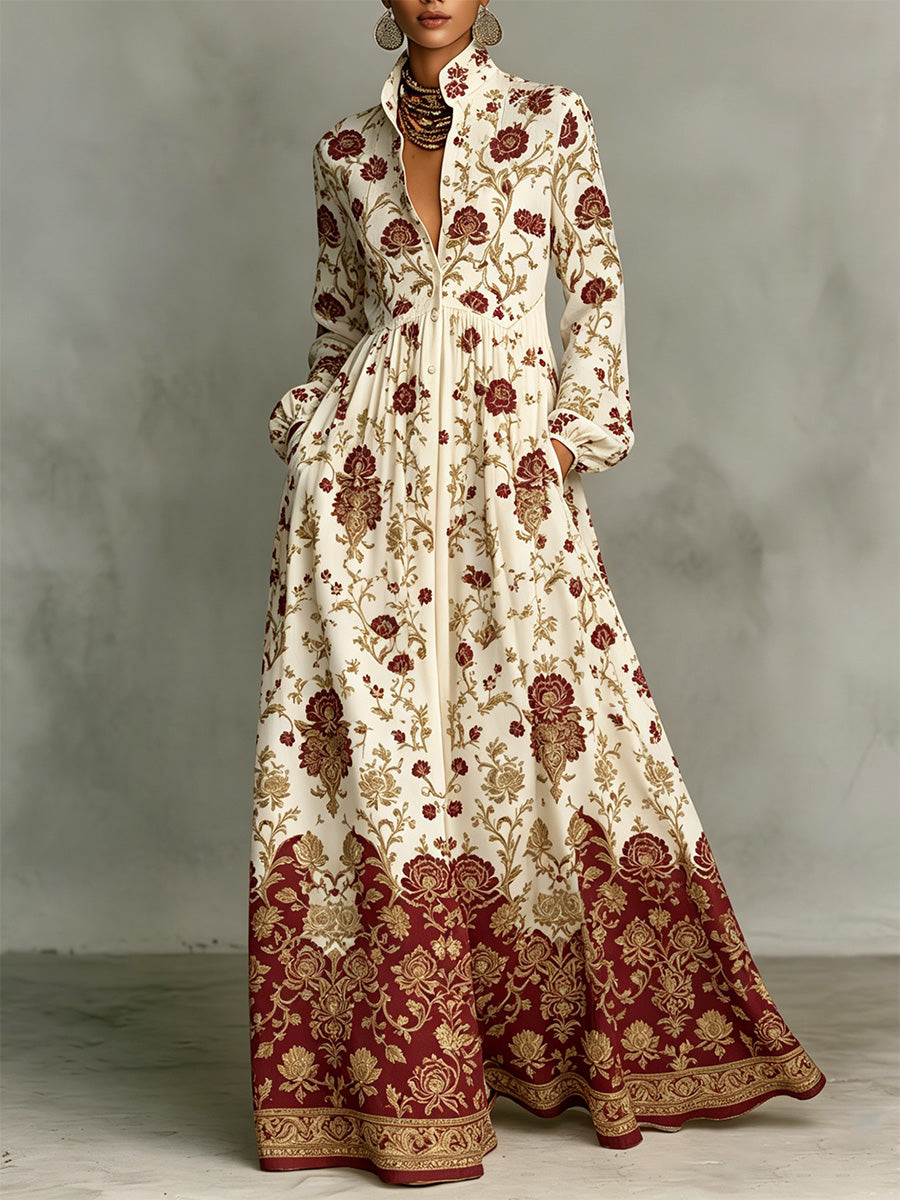 Classic Baroque Floral Color-block Dress — Featuring A Turn-down Collar, Cinched Waist, And Flared Skirt