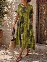 Women's Casual Loose Cotton-linen Dress With Abstract Print Round Neck And Short Sleeves