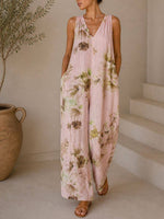 Women's Vintage Print V-neck Sleeveless Casual Loose Cotton-linen Wide-leg Jumpsuit