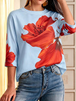 Women's Casual Loose-fit Cotton Top With Placement Print Crew Neck And 3/4 Sleeves