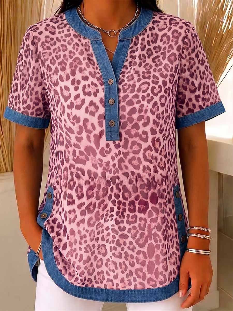 Women's V-neck Short-sleeve Casual Loose Denim Top With Leopard Print Paneling