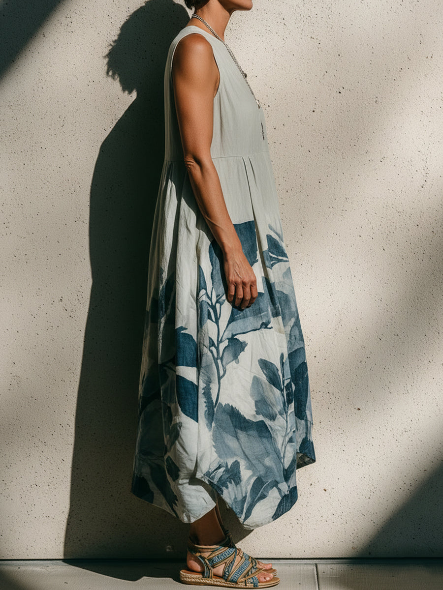 Botanical Print Sleeveless Linen-cotton Midi Dress