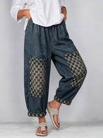 Casual Retro Plaid-paneled Cropped Denim Jeans