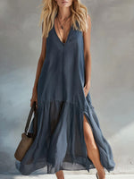 Women's Ash-blue Sleeveless Slit Dress