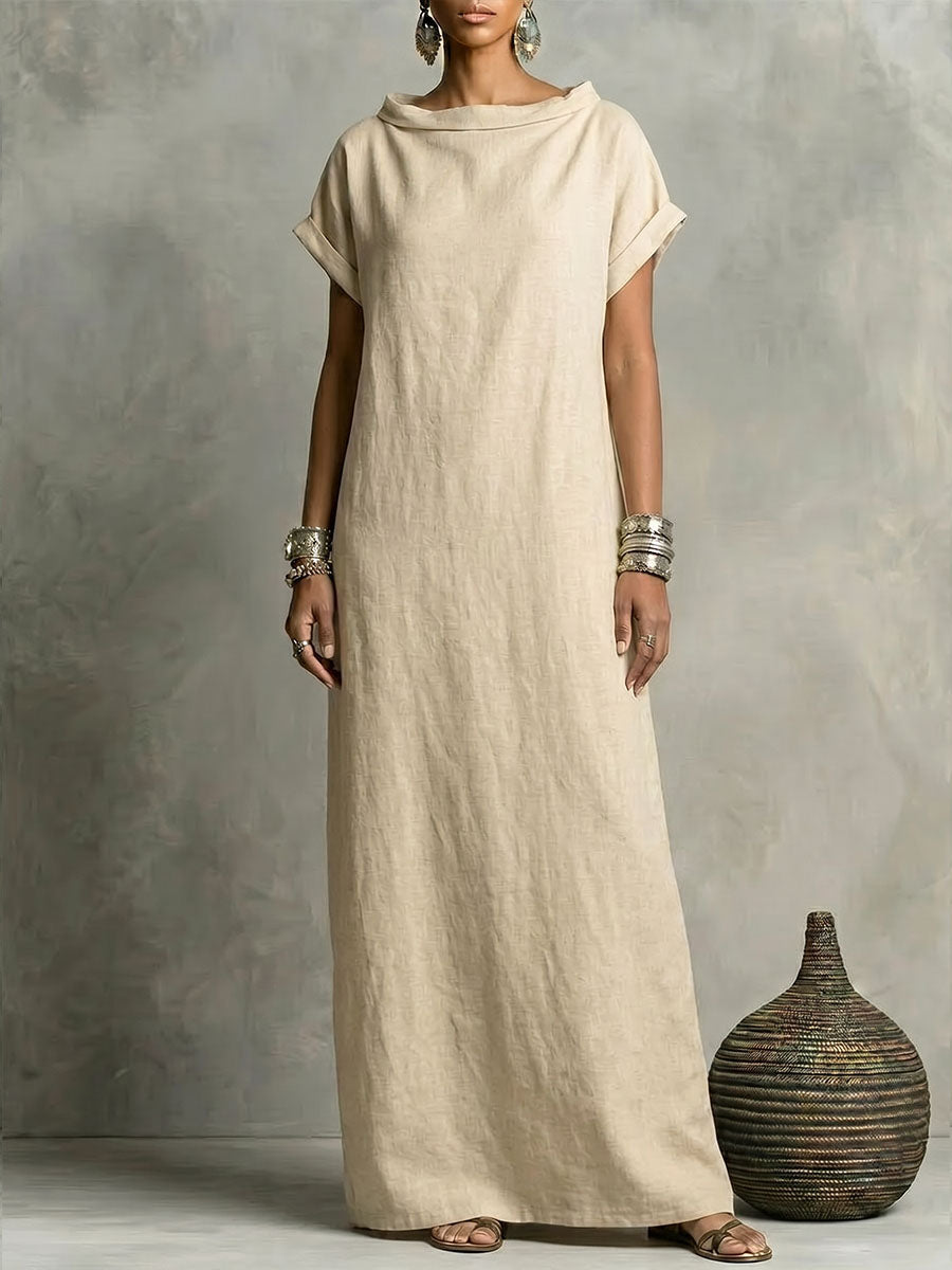 Women's Cotton-linen Short-sleeve Boat Neck And Fold-over Collar Dress