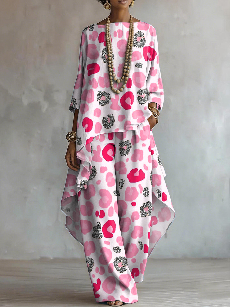 Elegant Pink Leopard Print Two-piece Set