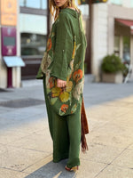 Two-piece Set Featuring A Loose, Casual Printed Linen-cotton Shirt And Solid-colored Trousers.