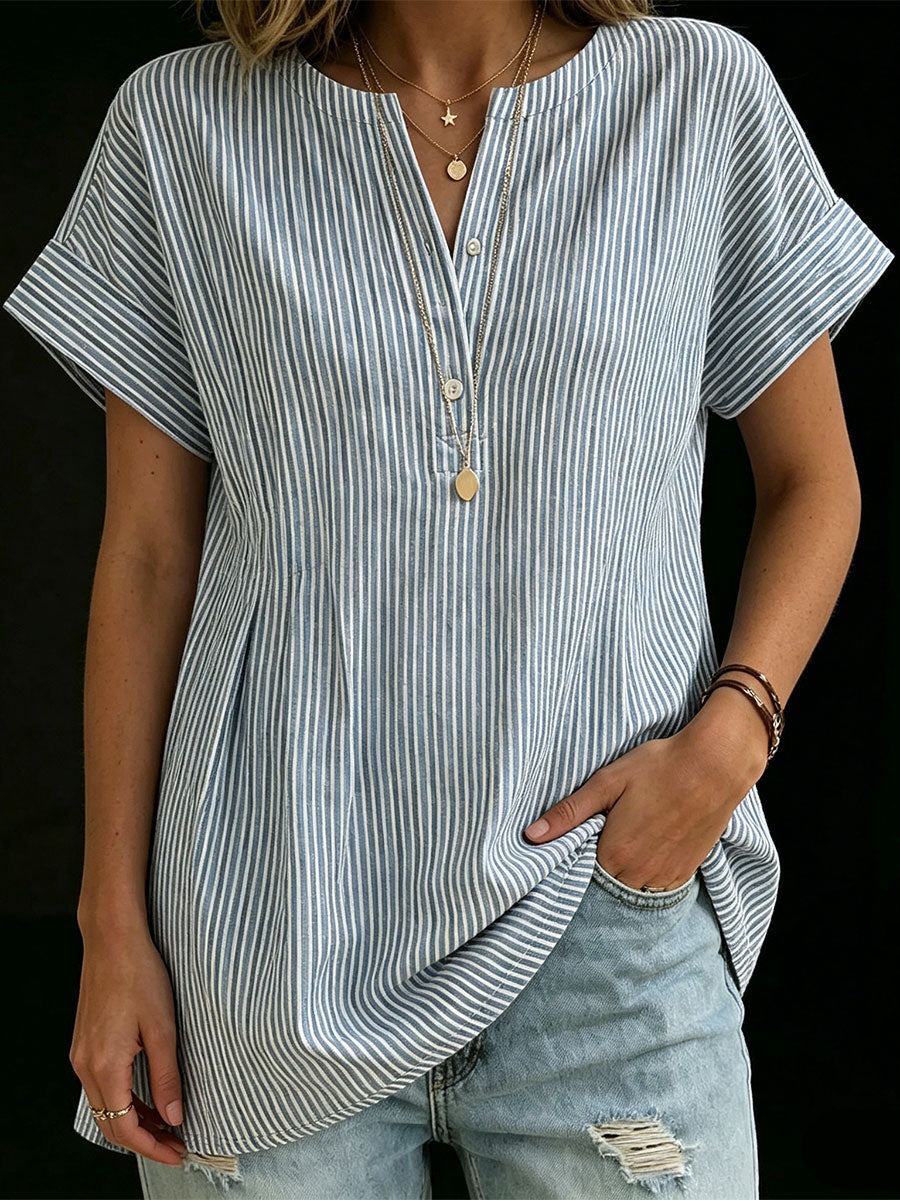 Women's Loose-fit Striped Short-sleeve Henley Shirt