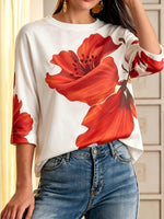 Women's Casual Loose-fit Cotton Top With Placement Print Crew Neck And 3/4 Sleeves
