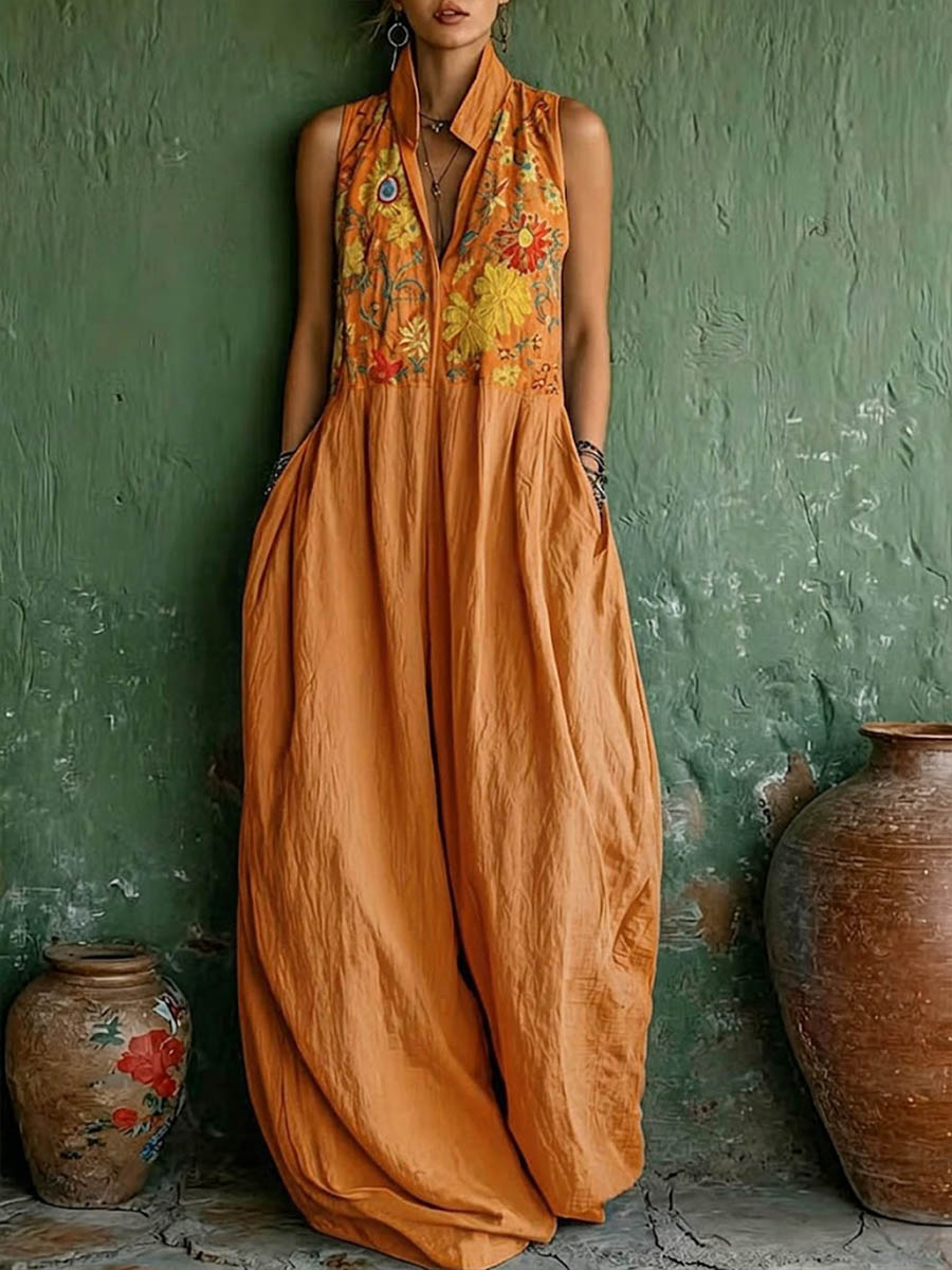Women's Casual Loose Cotton-linen Dress — V-neck Sleeveless With Placement Print