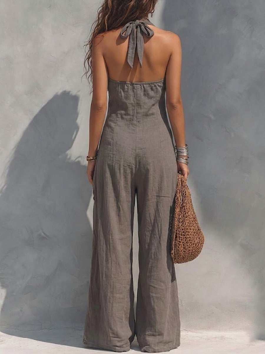 Vintage Washed Lace Cinched Waist Halter Jumpsuit