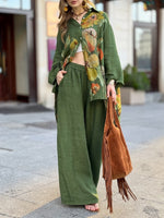 Two-piece Set Featuring A Loose, Casual Printed Linen-cotton Shirt And Solid-colored Trousers.