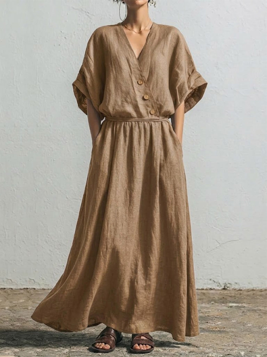 Wrap-style V-neck Cotton-linen Maxi Dress With Wooden Buttons, Batwing Short Sleeves, And A Fitted Waist.