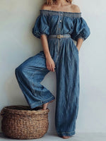 Women's Off-shoulder Fitted Denim Jumpsuit