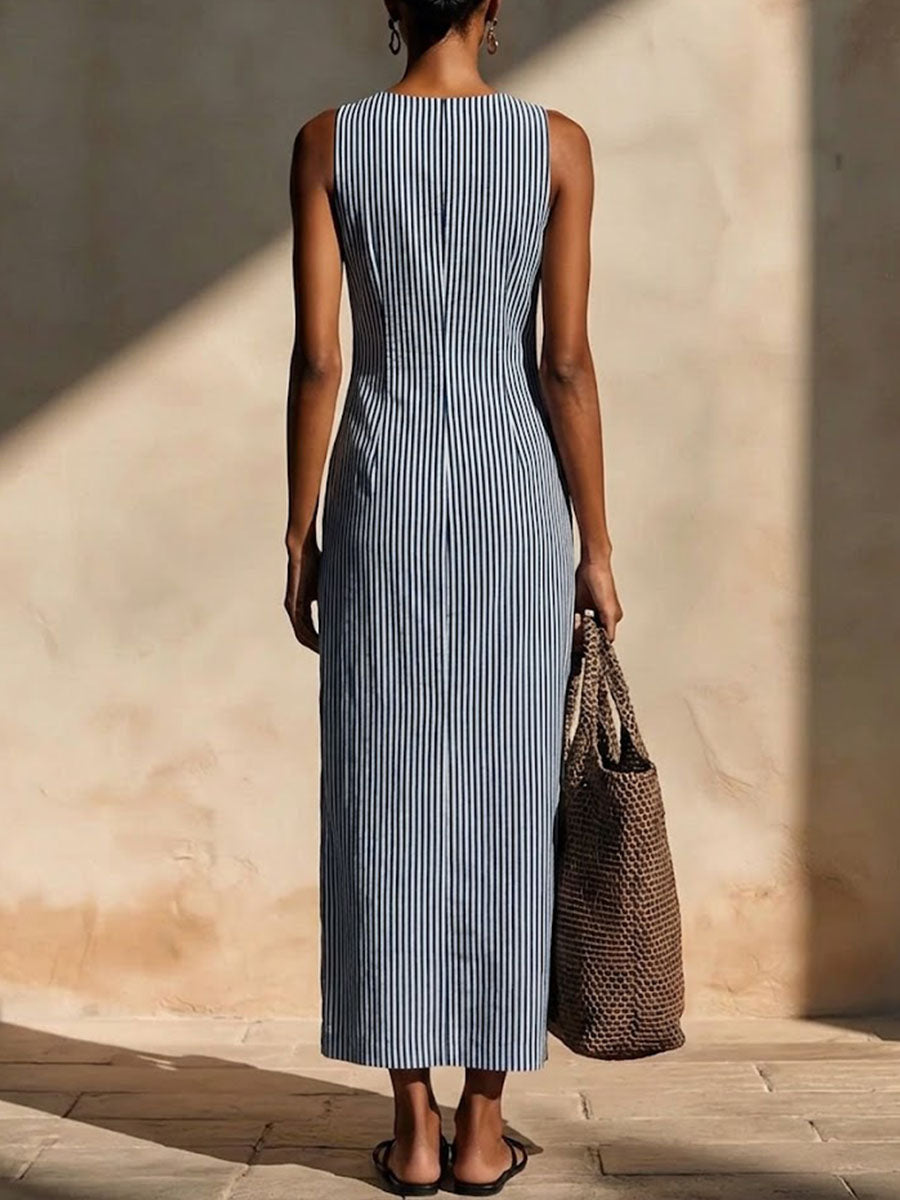 Women's Striped Print V-neck Sleeveless Casual Loose Cotton-linen Dress